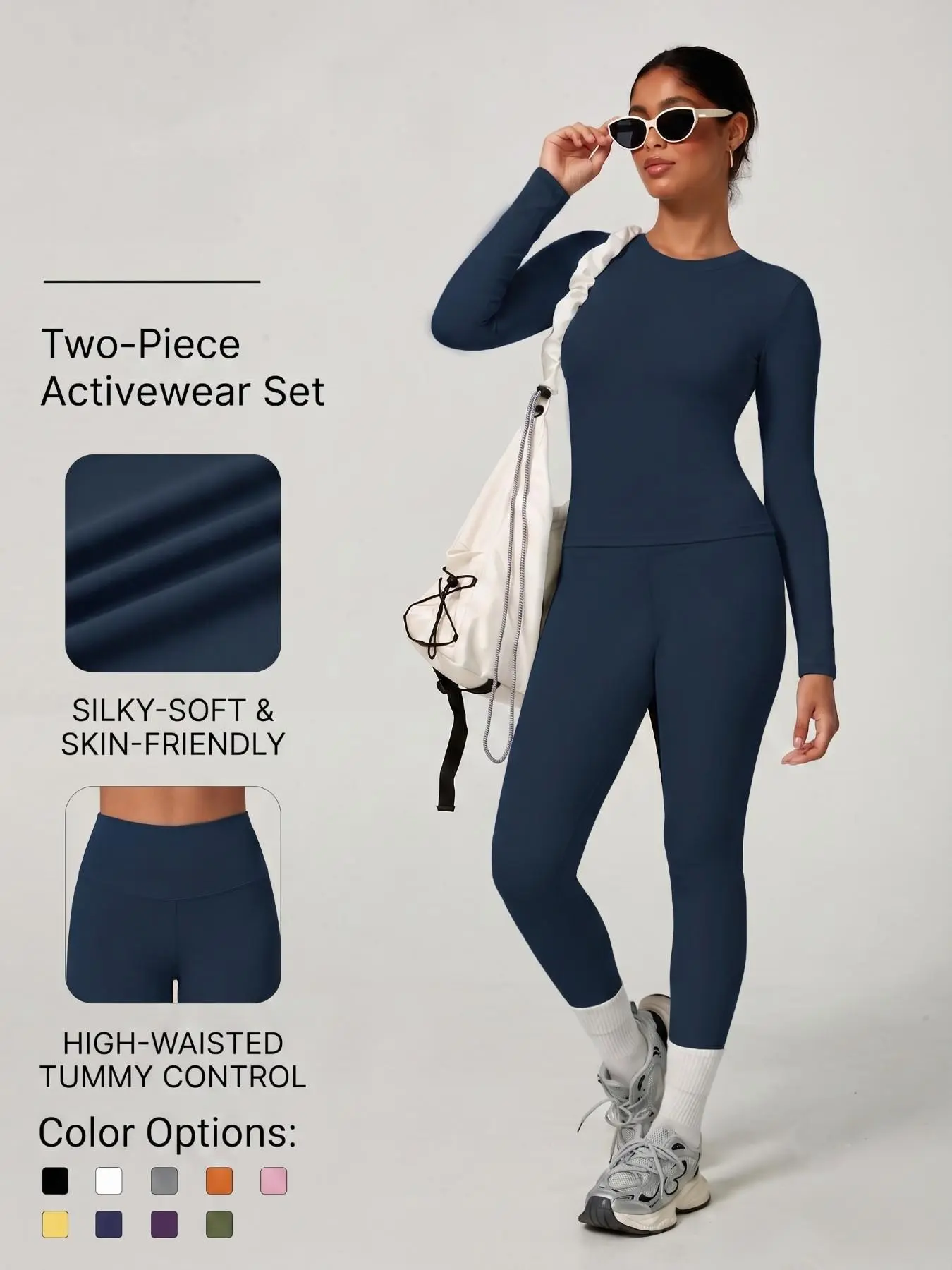 Women's Plain Long Sleeve Top & Pants Set, Comfortable Tight-Fit for Yoga Home Gym, Casual Kardashian Style Clothing, Activewear Workout Set Gym Workout Sets