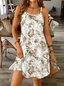 2026 Summer Women's Elegant Leisure Printed Round Neck Pocket Sling Dress