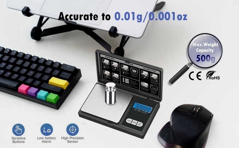 Gram Scale Digital Scale 0.01g Accuracy, 500g Small Pocket Scale Jewelry Scale, Weight for Food Ounces and Grams Kitchen Scale, Mg Scale for Powder Medicine Gold Weed, Portable