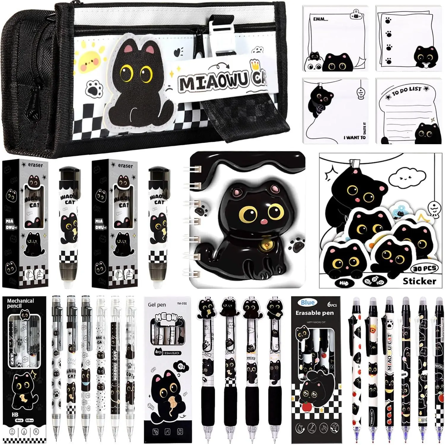 Cute Theme Stationary Kit, Black Office & School Supplies Set Including Sticky Notes, Mechanical Pencils, Eraser, Notebook, Stickers & Pens – Kawaii Birthday Gifts for Students
