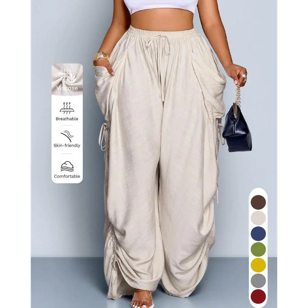 Women’s Plus Size Cotton Linen Blend Harem Pants, High-Waisted Drawstring Baggy Trousers with Oversized Pockets, Vintage Boho Punk Casual Pants for Travel, Streetwear, Lounge and Everyday Wear