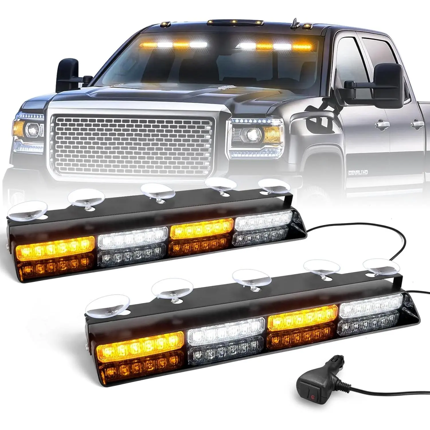 6Z4J Emergency Dash Strobe Lights: 2x16.8 inch Amber White Safety Lights, 48 LED Flashing Warning Hazard Interior Windshield Visor Traffic Light Bars for Trucks, Construction Vehicles