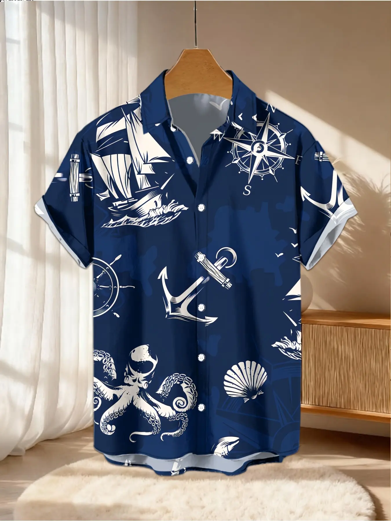 Men Nautical Print Short Sleeve Shirt Navy Ocean Anchor Octopus Hawaiian Shirts
