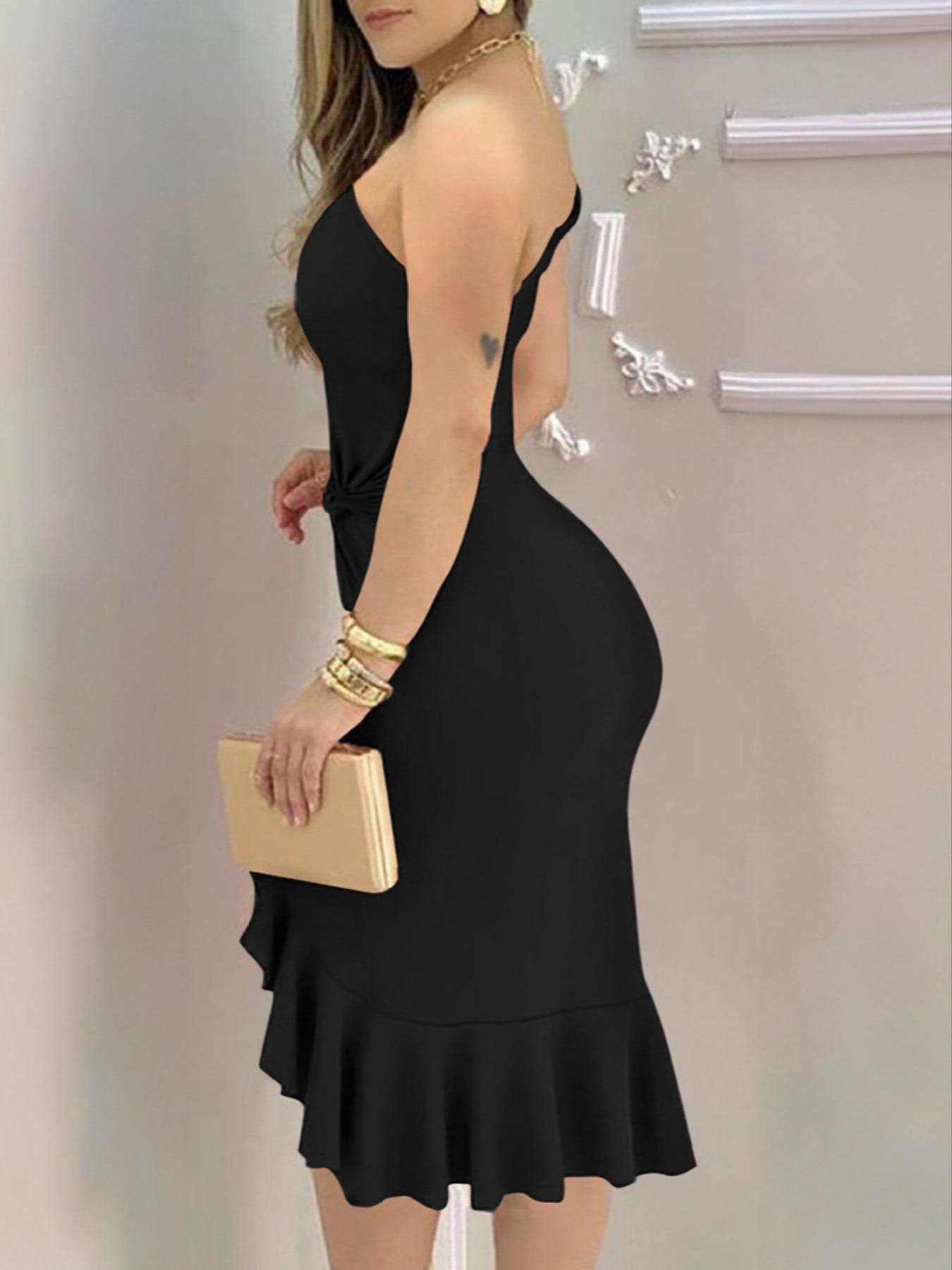 Women's Plain Twist Ruched Ruffle Hem One Shoulder Bodycon Dress, Elegant Sleeveless Split Thigh Midi Dress for Party Club Dating Wear, Ladies Summer Clothes, Formal Wear, Womenswear