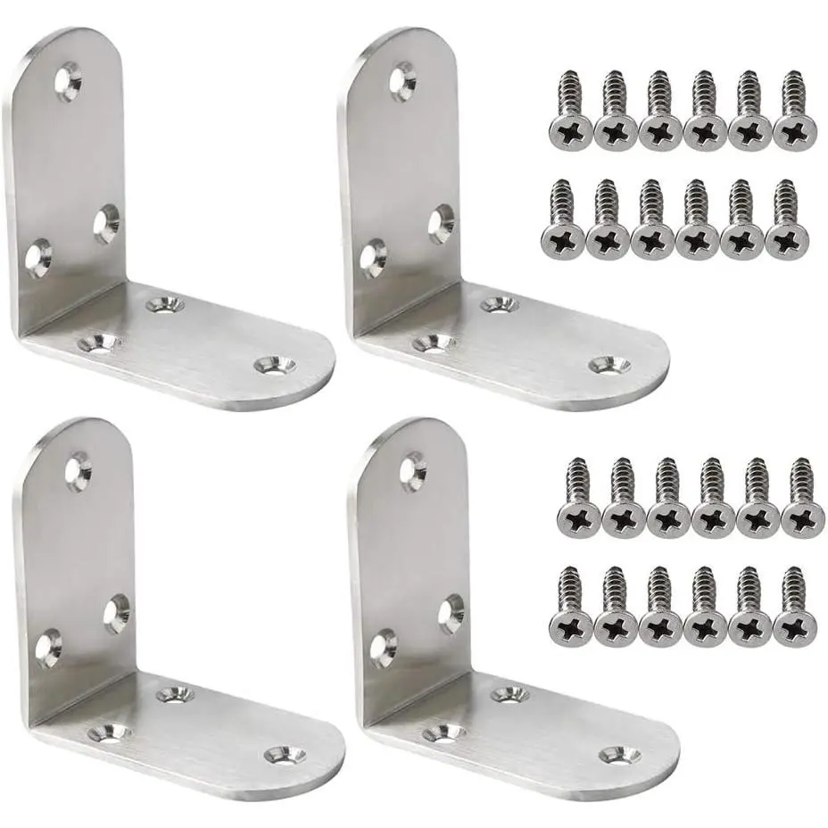 4 count L Brackets 2.56X2.56 in, Corner Brackets for  Furniture | Stainless Steel Floating Shelf Brackets, Brushed Finish, 90  Right Angle Bracket for  Shelves