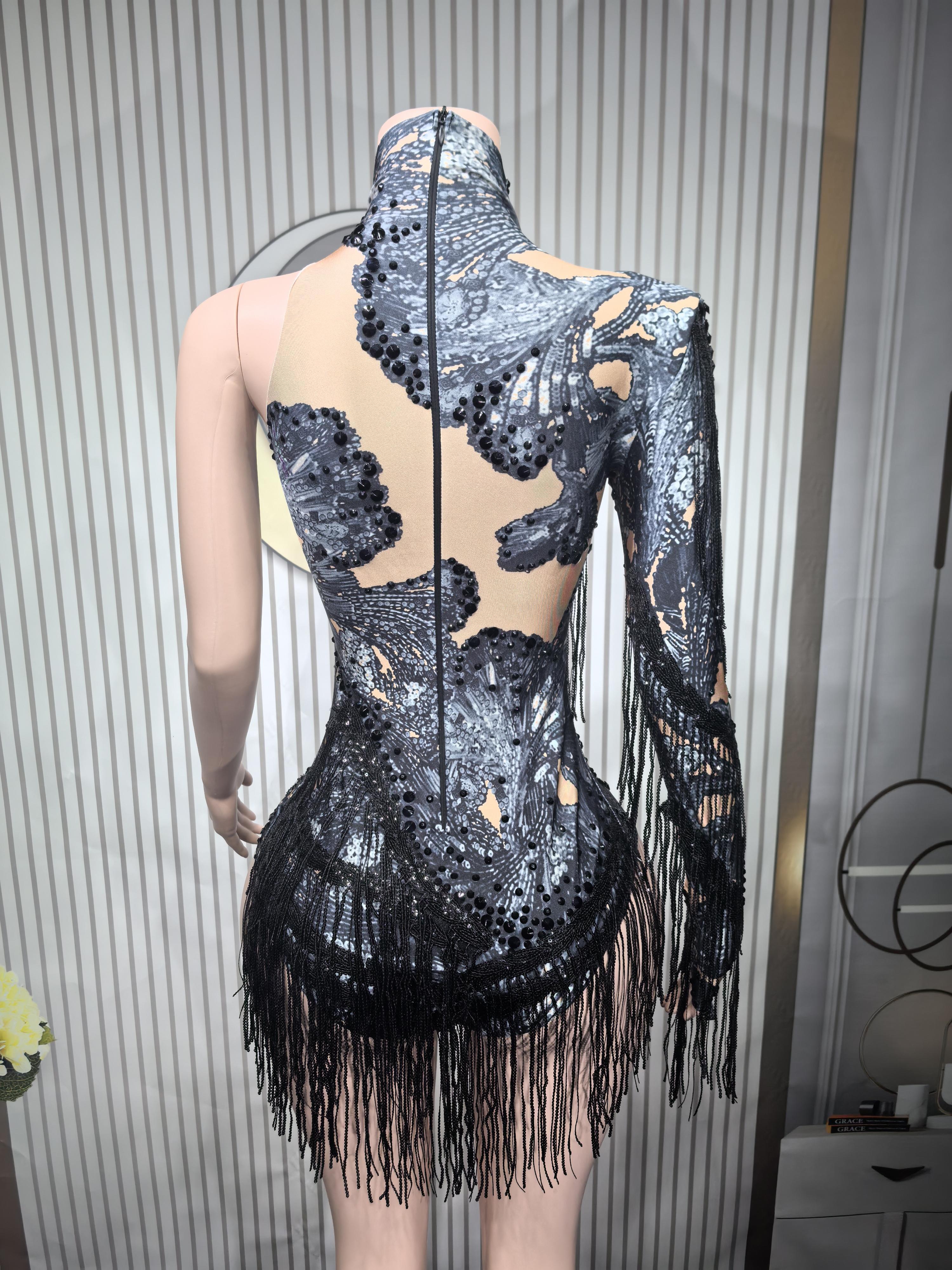 Gold Silver Sequins Tassel Elastic Bodysuit Sex)Pole Latin Dance Stage Wear Nightclub  DJSinger Dancer Performance Costume  Q025