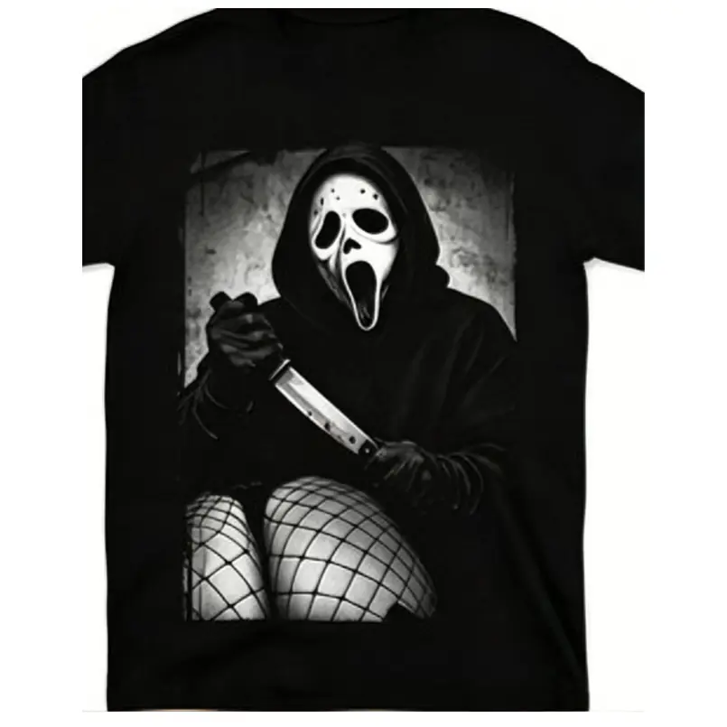 Women's Oversized Short-Sleeve Cotton T-Shirt - Ghostface Hooded Figure, Blood Knife, Fishnet Stockings Vintage Horror Graphic, Grunge Cute Comfort Halloween Outfit, Scream Movie Fan Tee, Valentine’s Day Gift, Shortsleeve