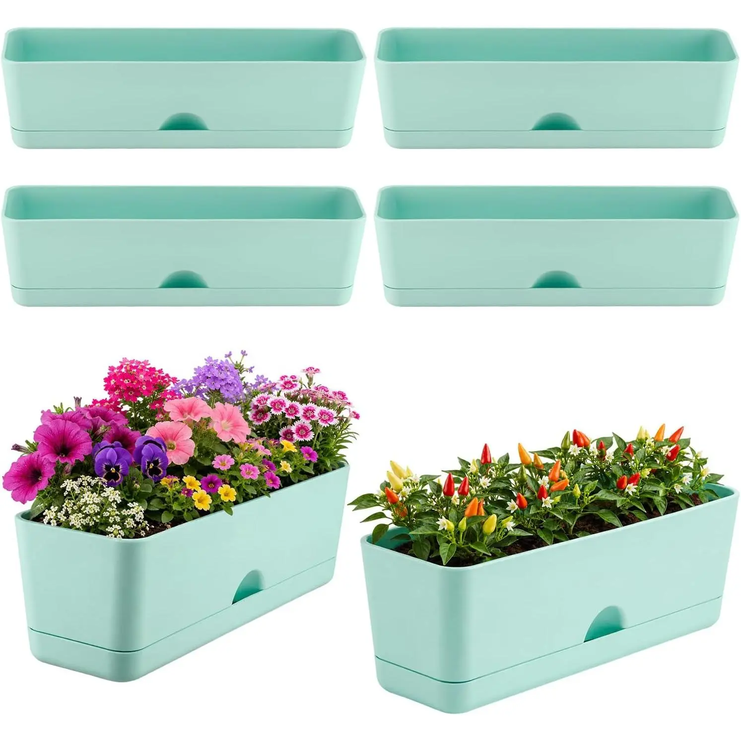 6 Pack Rectangle Planter 16x4.4 Inch Window Boxes Planters Rectangular Window Sill Planters Indoor Self Watering  Pots with Drainage Holes and Saucers Succulent  Flower Pots, Blue