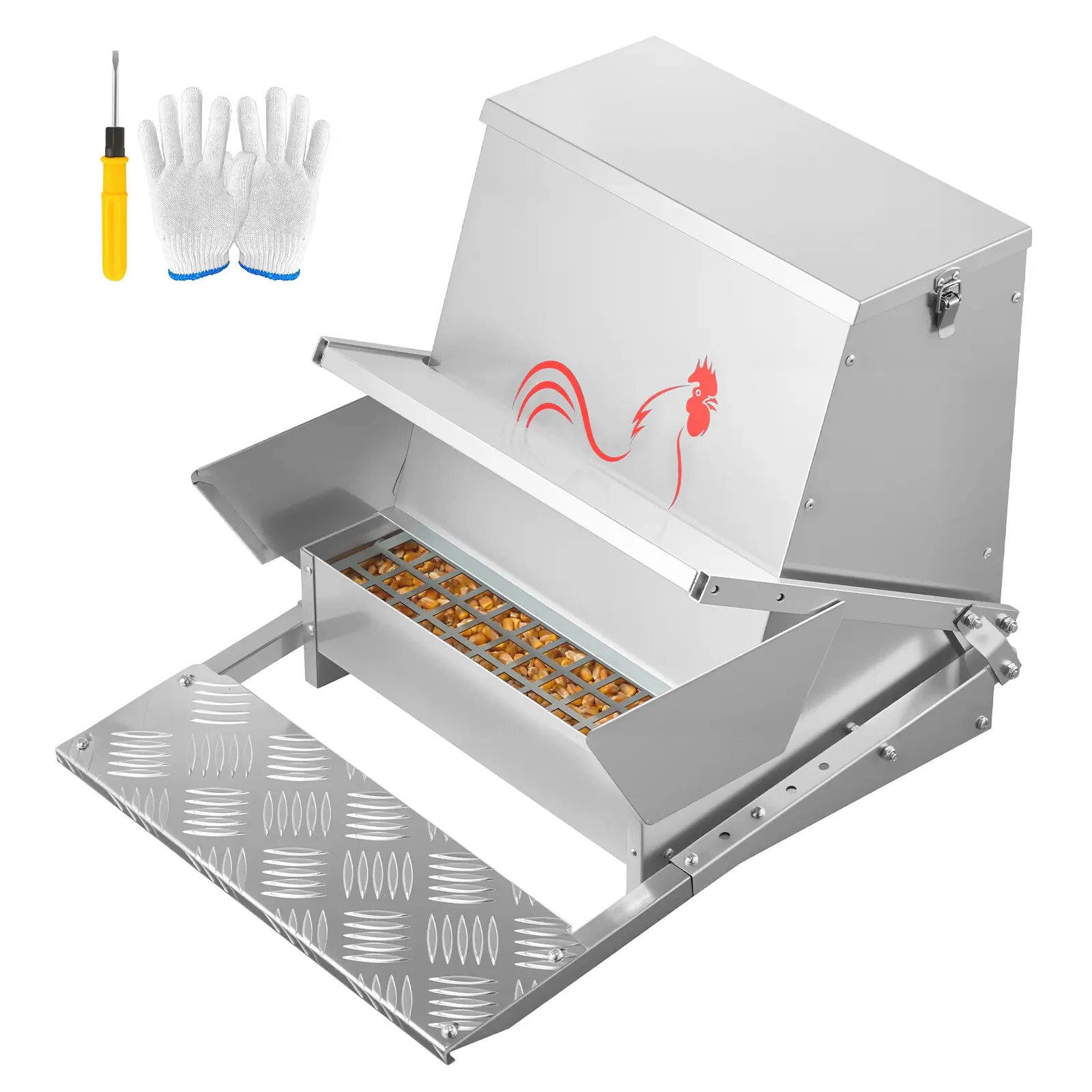 Automatic Chicken Feeder, 40 lbs Capacity, Rainproof Treadle Poultry Feeder with Lockable Lid, No Waste, Galvanized Steel Construction, Outdoor Use, for Chicken, Bantams, Poultry, Pheasants