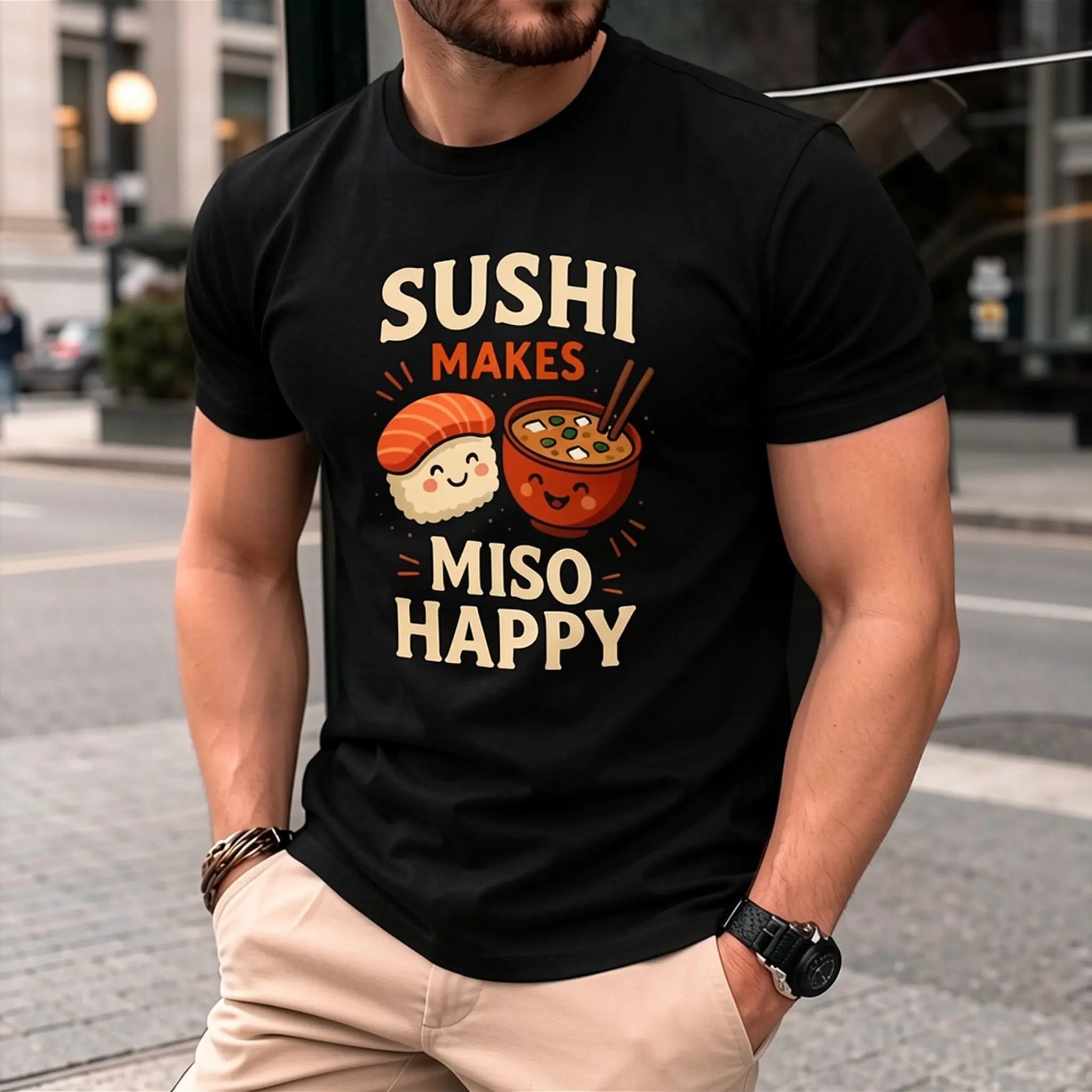 Cute Sushi Makes Miso Happy Shirt, Funny Sushi Lover Gift, Kawaii Japanese Food Tee, Ramen Miso Soup Graphic T-Shirt