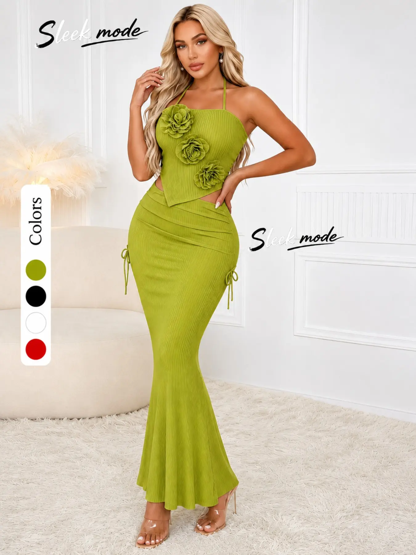 Women's New 3D Floral Halter Bodycon Dress Two-Piece Set, Holiday Party Evening Gown, Stylish and Elegant Fashion