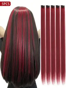 5pcs Synthetic Long Straight Clip-In Extension Hair, 20 Inches Burgundy Color Hair , Perfect Hair Extension for Women Used Daily ,Party,Cosplay,New Year, Carnival, Music Festival, Halloween, Christmas Party Gifts