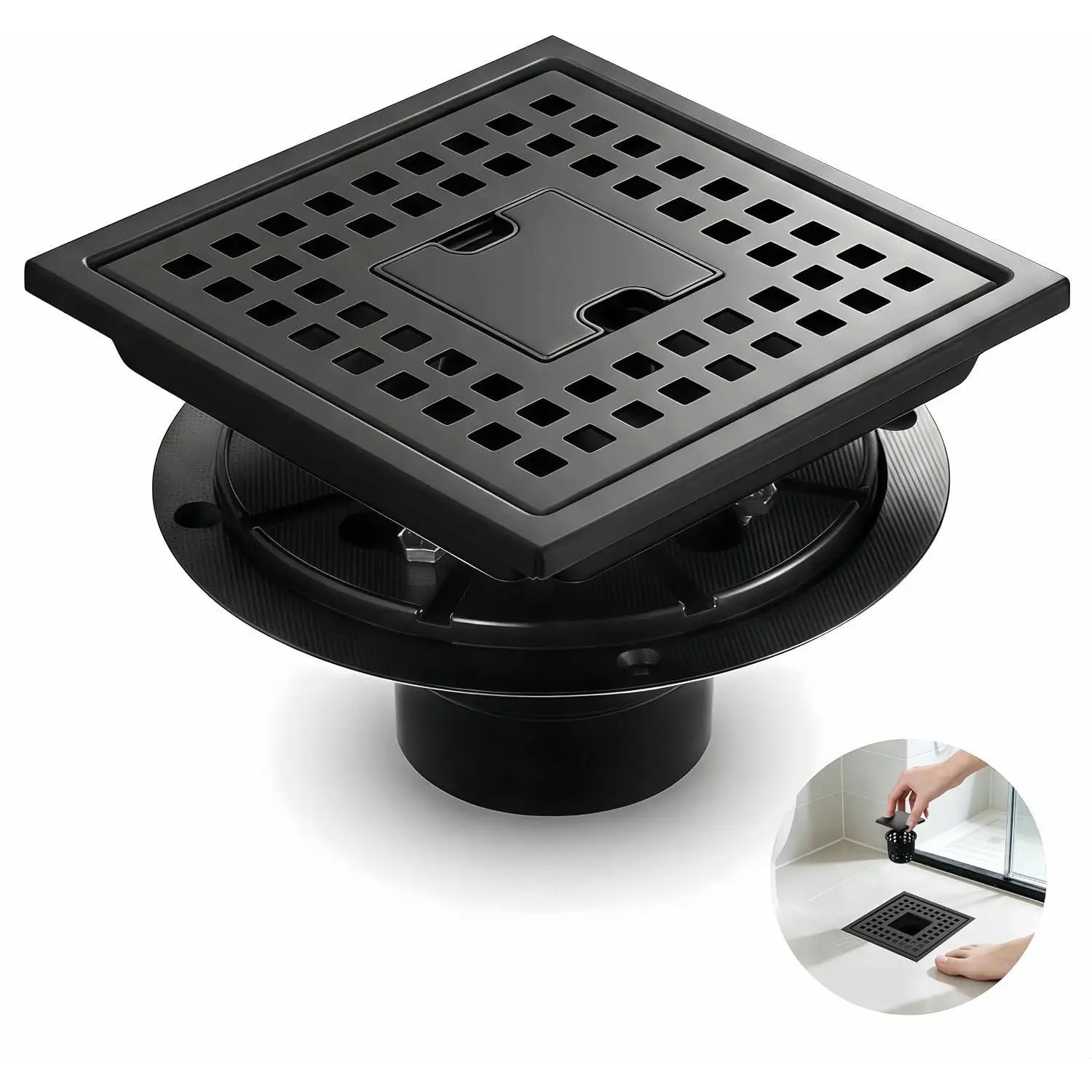 6 Inch Matte Black Square Shower Drain Kit with Lift-Out Hair Catcher, 304 Stainless Steel Shower Floor Drain with ABS Flange, for Bathroom
