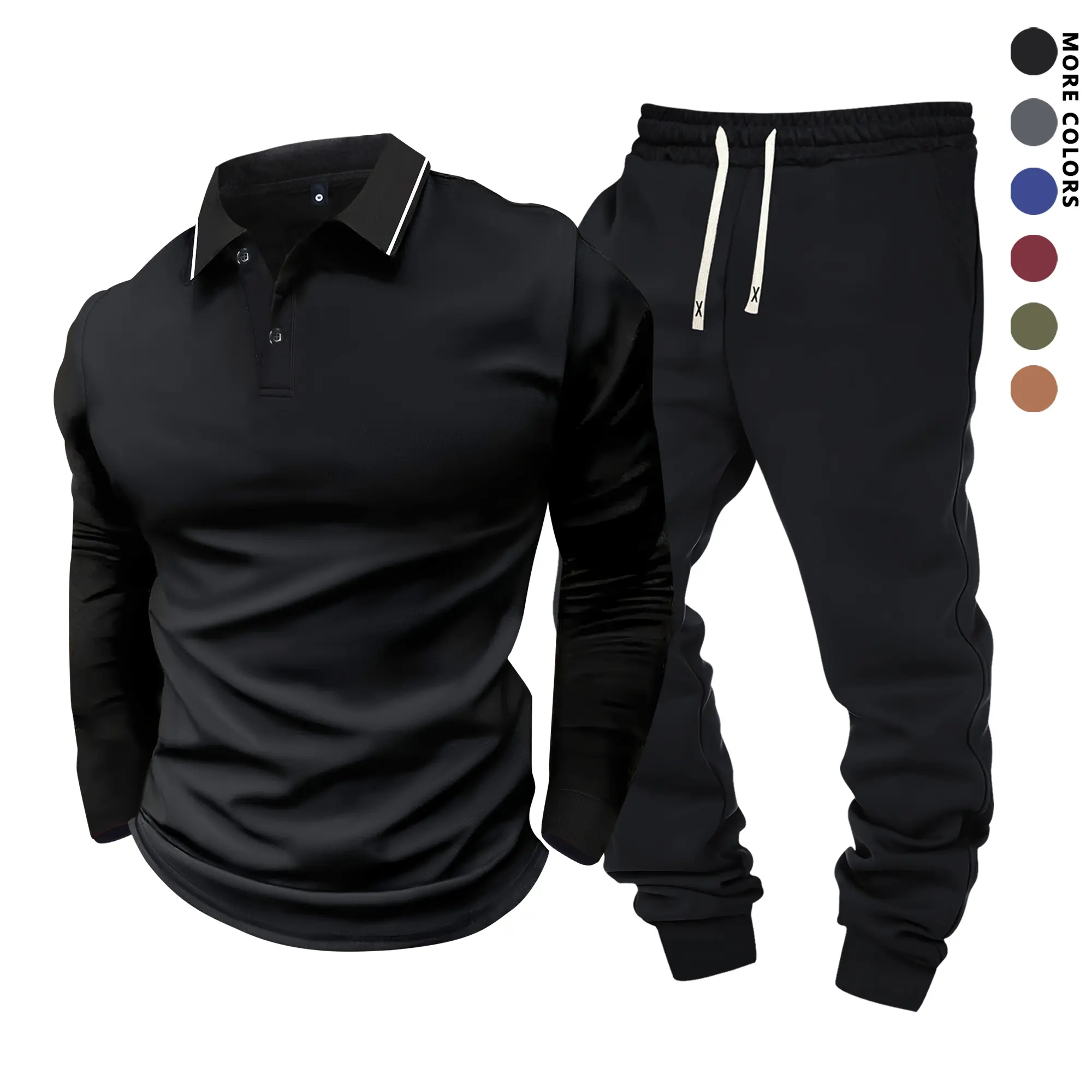Men's 2-Piece Spring and Fall Outfit Set, Long Sleeve Polo Shirt and Lightweight Non-Fleece Jogger Pants, Casual Tracksuit with Drawstring Waist for Travel Gym Lounge Daily Wear and Gifts for Men