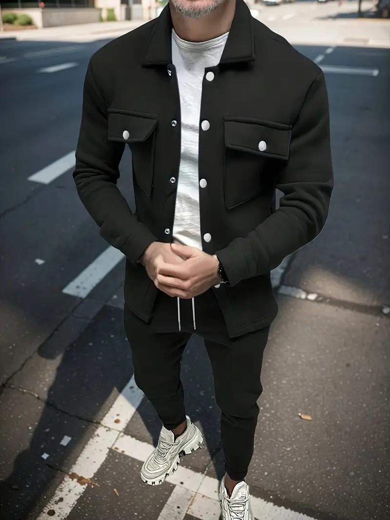 Men's two-piece set men's fashion solid color pocket open button lapel jacket and solid color set formal long sleeved