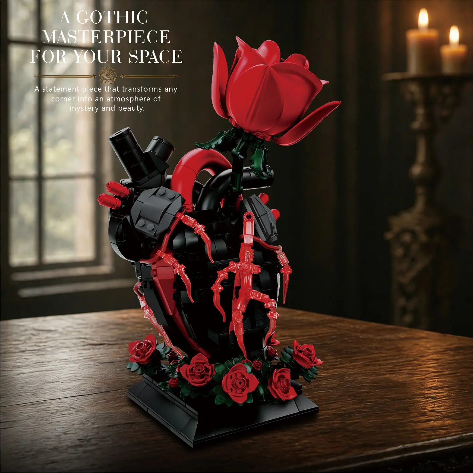765pcs Gothic Heart Rose Building Blocks, Assembled Desktop Decor, Dark Aesthetic, Valentine's Day, Halloween Unique Gift