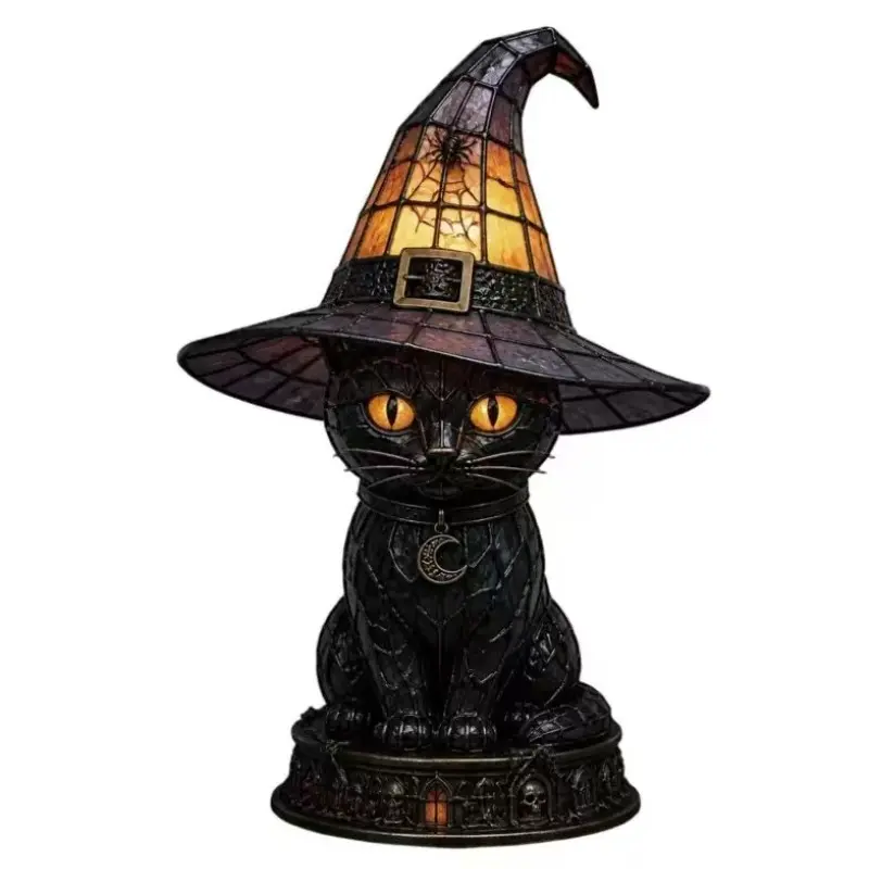 Stained Glass Black Cat Table Lamp with Witch Hat, Vintage Tiffany Style Cat Night Light, Halloween Decorative Desk Lamp, Witchcraft Home Decor Gift for Cat Lovers Halloween Party, Atmosphere Night Light