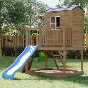 Outdoor Wooden Playhouse with Step Ladder, 2 Story Wooden Playhouse with Slide, Elevated Modern Cedar Playhouses Kids with Sandbox