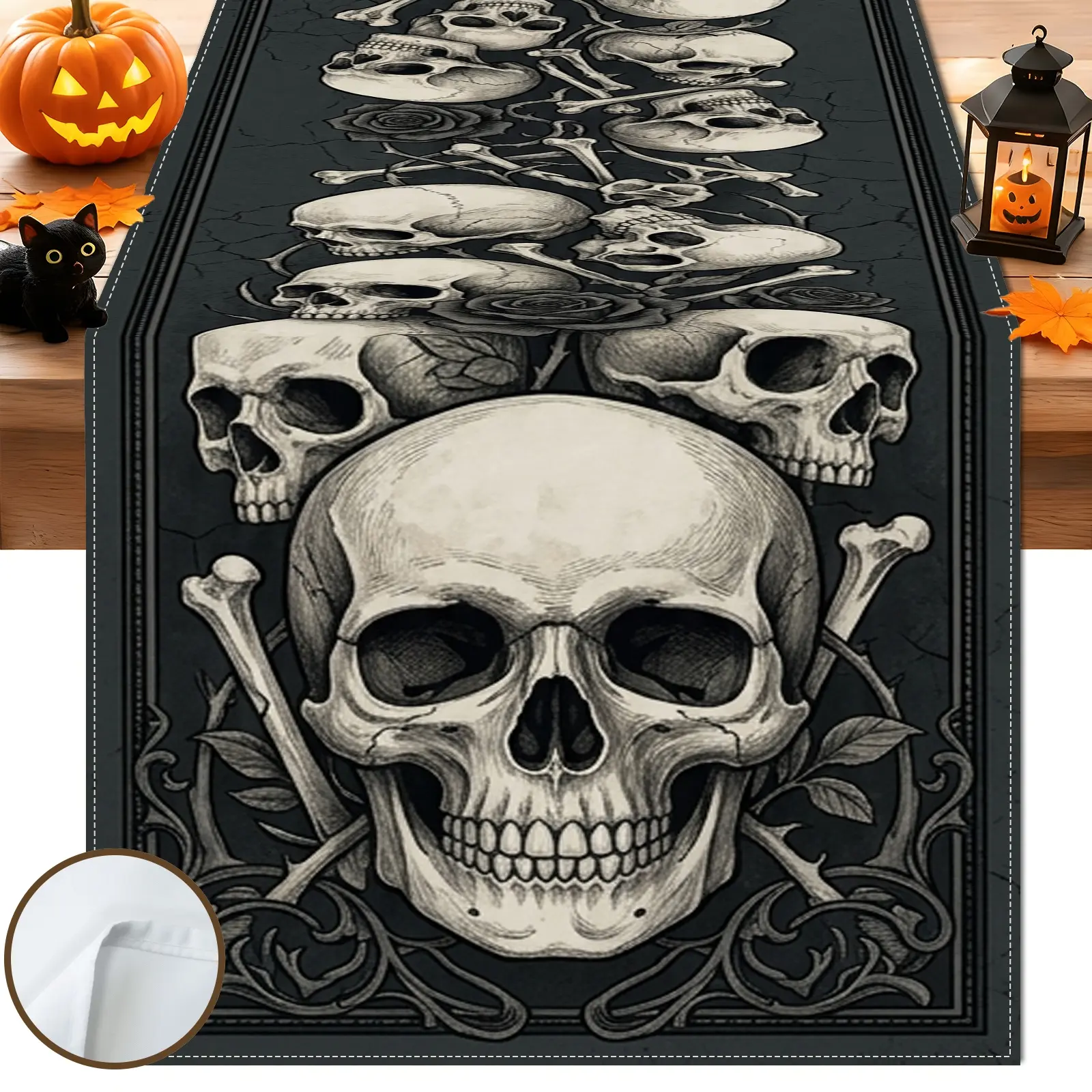 1pc Skull Rose Table Runner, Gothic Style, Decorative Border with Skull and Floral Pattern, for Dining Table Halloween Party Home Decor Fall Decor