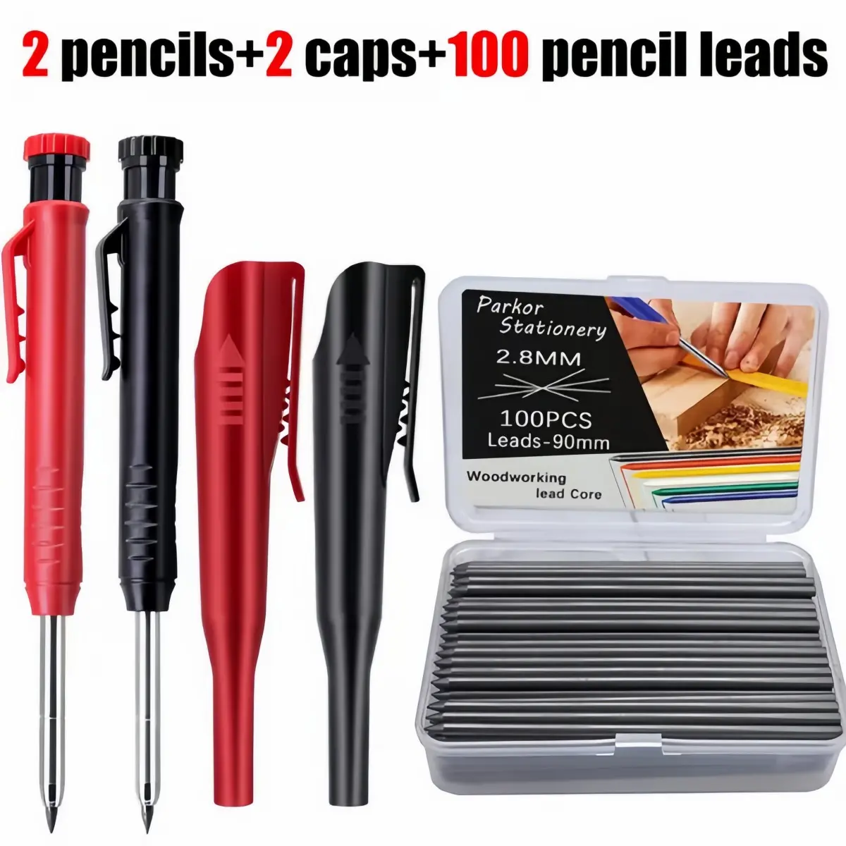 Plastic Clip On 2.8mm Woodworking Pencil Set, Drafting Pencil, Includes 2 Pencils, 2 Caps, 1 Lead Box, 100 Leads, Built In Sharpener, Ideal for Architects and Woodworkers