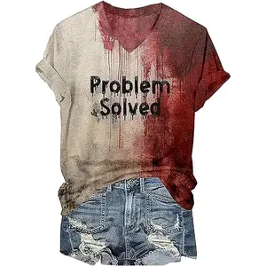 Women's Basic Cotton Casual Sports Top - Soft V-Neck Short Sleeve "I'm Fine Problem Solved" Bloody Halloween Horror Blood Splatter Party Tee