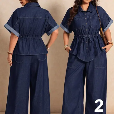 Women's Plus Size Denim Two-Piece Set, Collared Short Sleeve Drawstring Waist Top and Wide Leg Pants, Casual Solid Pants Set for Daily Wear