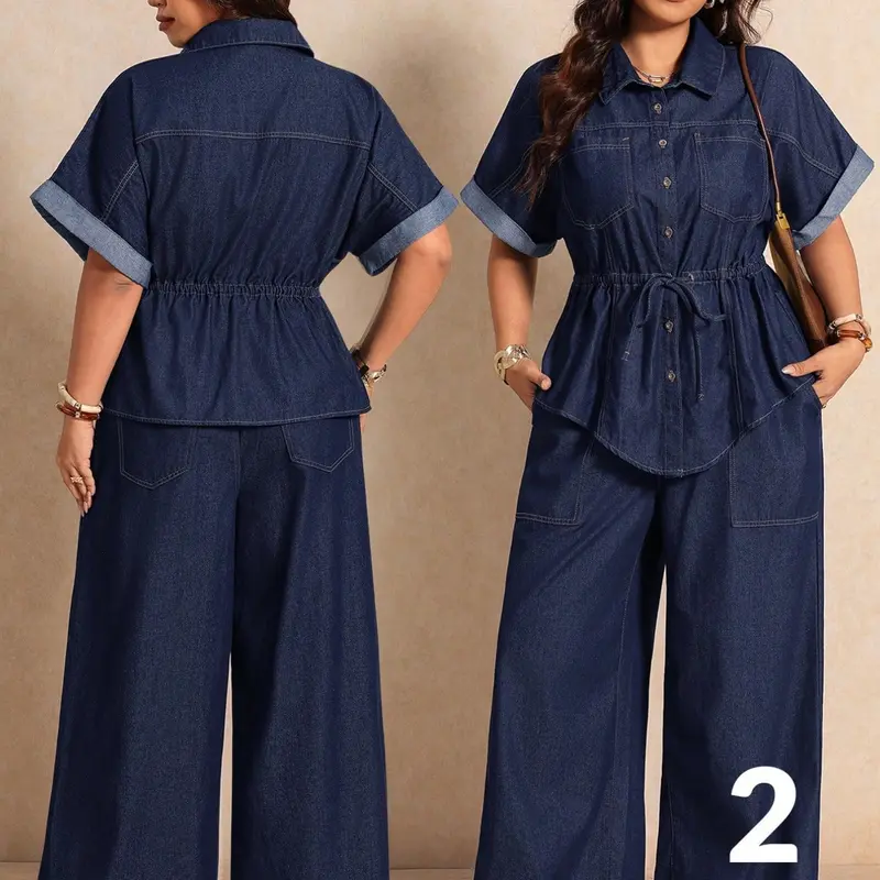 Women's Plus Size Denim Two-Piece Set, Collared Short Sleeve Drawstring Waist Top and Wide Leg Pants, Casual Solid Pants Set for Daily Wear