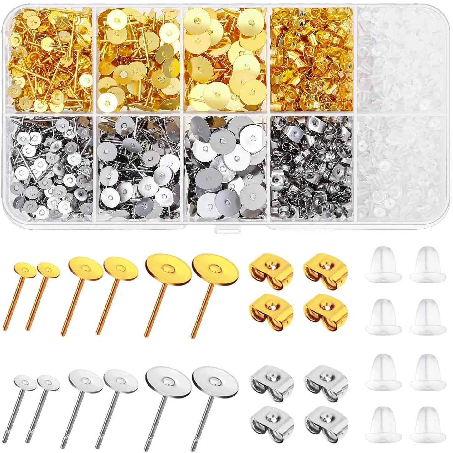 Earring Posts and Backs,  2000 count Stud Earrings Making Kit with Ear Ring Base and Earring Backs for Leather Stud, Clay,   Making ( & )