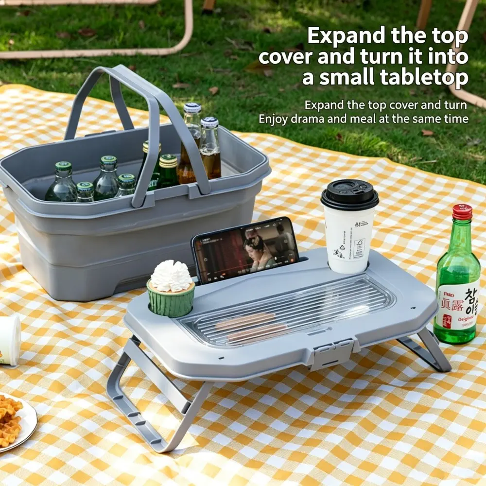Collapsible Storage Basket with Table Lid, Portable Picnic Basket for Camping, Beach, and Tailgating, Durable Outdoor Organizer Bin