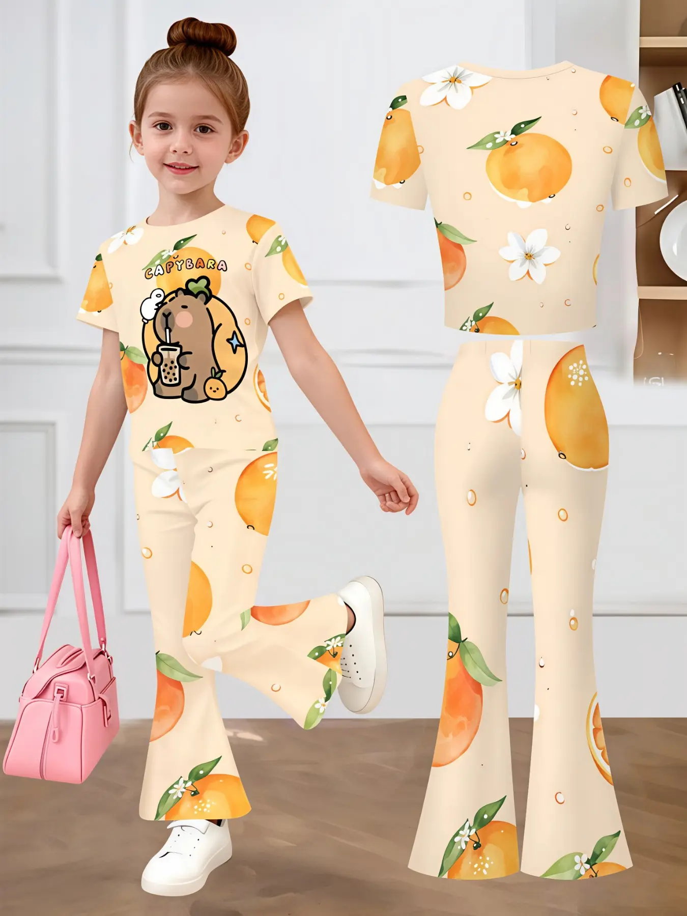 Fresh citrus kawaii micro elastic skin-friendly short sleeve crop top flare pants two piece set, orange blossom bubble tea capybara full print for girls daily streetwear viral aesthetic fashion