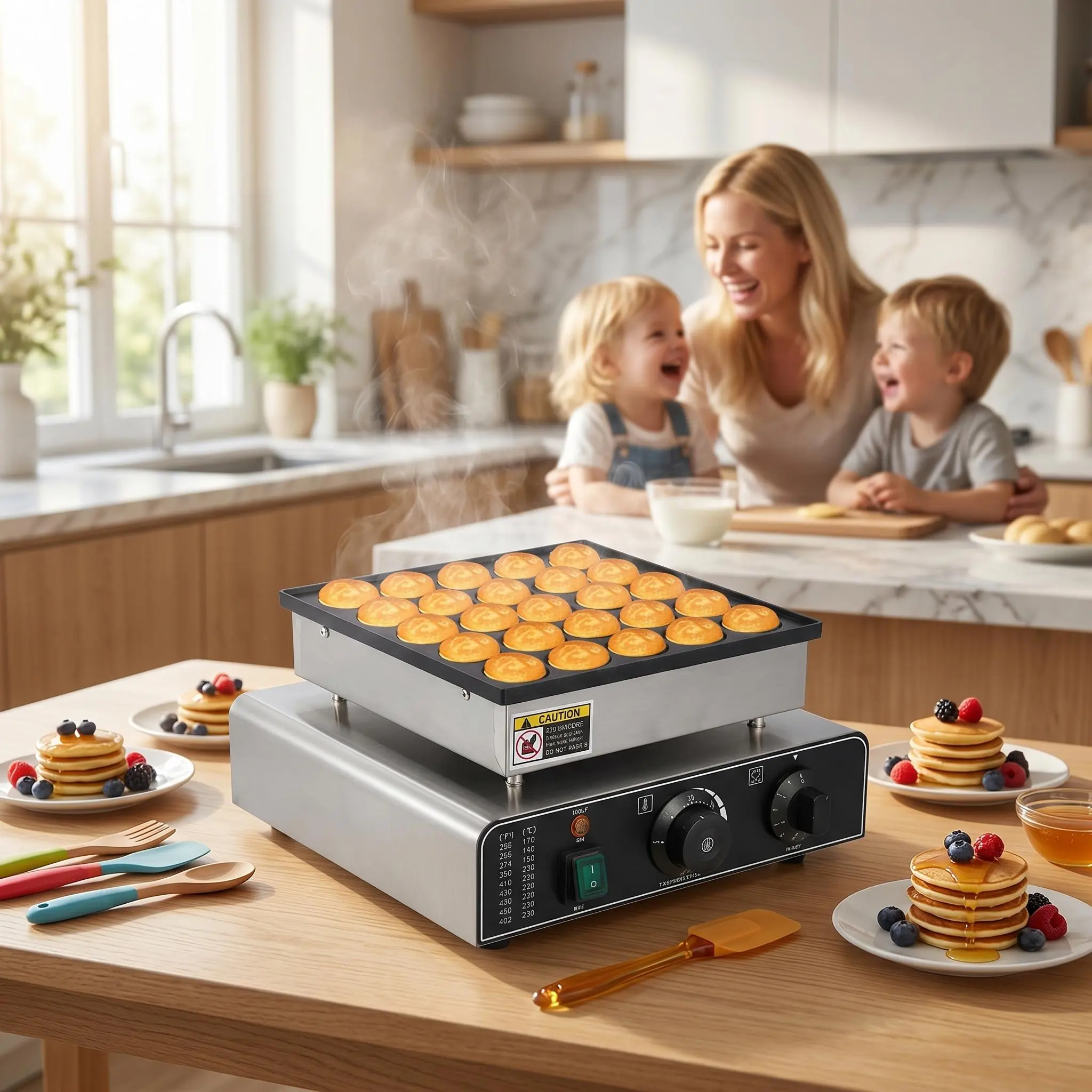 Garvee Mini Muffin & Dutch Pancake Maker, 25-50 Hole Stainless Steel Electric Machine, Non-Stick Surface, 1.8" Diameter, 50-300°C Temp & Time Control, Ideal for Home & Restaurant Use, 850W, 110V
