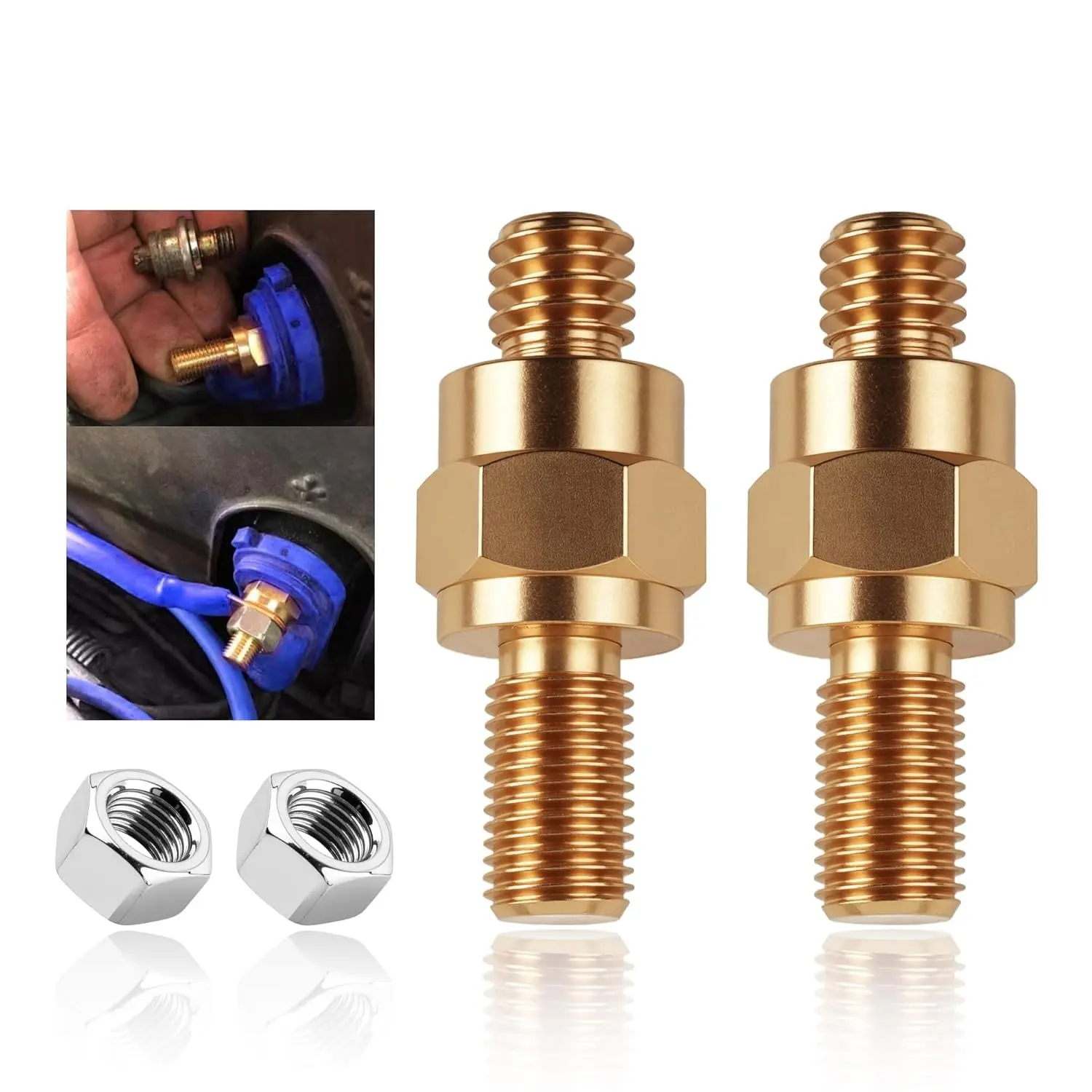 2 Set Side Post Battery Terminal Extension Bolt with Nuts, 3/8"-16 Coarse and 3/8"-24 Fine Teeth for Reliable Current Transfer (2PCS)