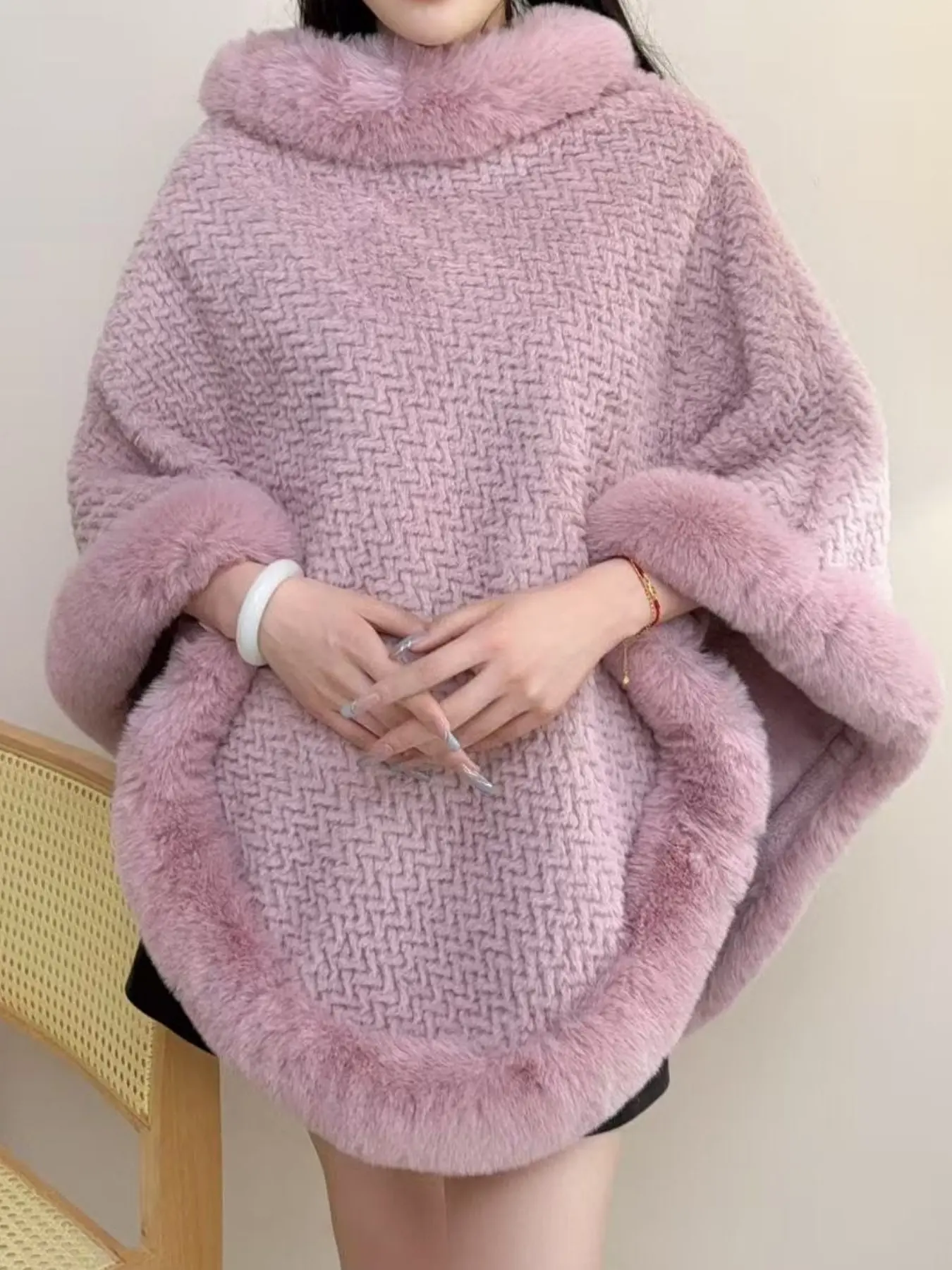 Women's Knit Poncho Fashion Shawl, Soft Faux Rabbit Fur Collar, Thickened Fall Winter Outerwear, Loose Fit Wrap Coat