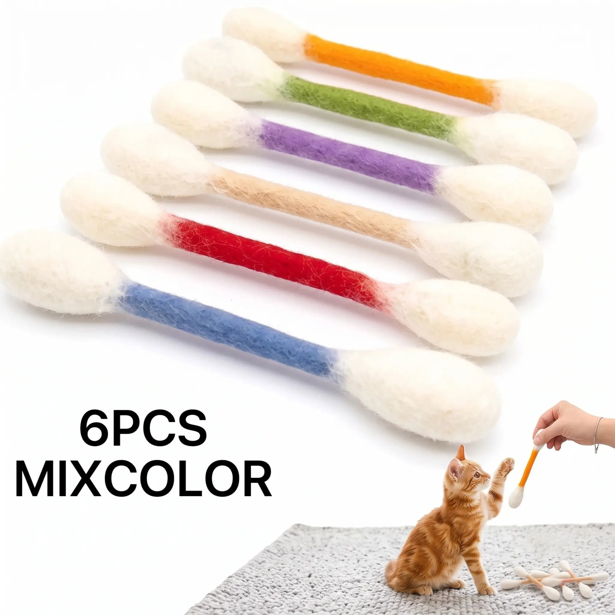 Giant Q-Tip Cat Toy Set, 6PCS Soft Felt Cotton Swab Toys for Indoor Cats, Kitten Chew, Chase & Interactive Play Accessories