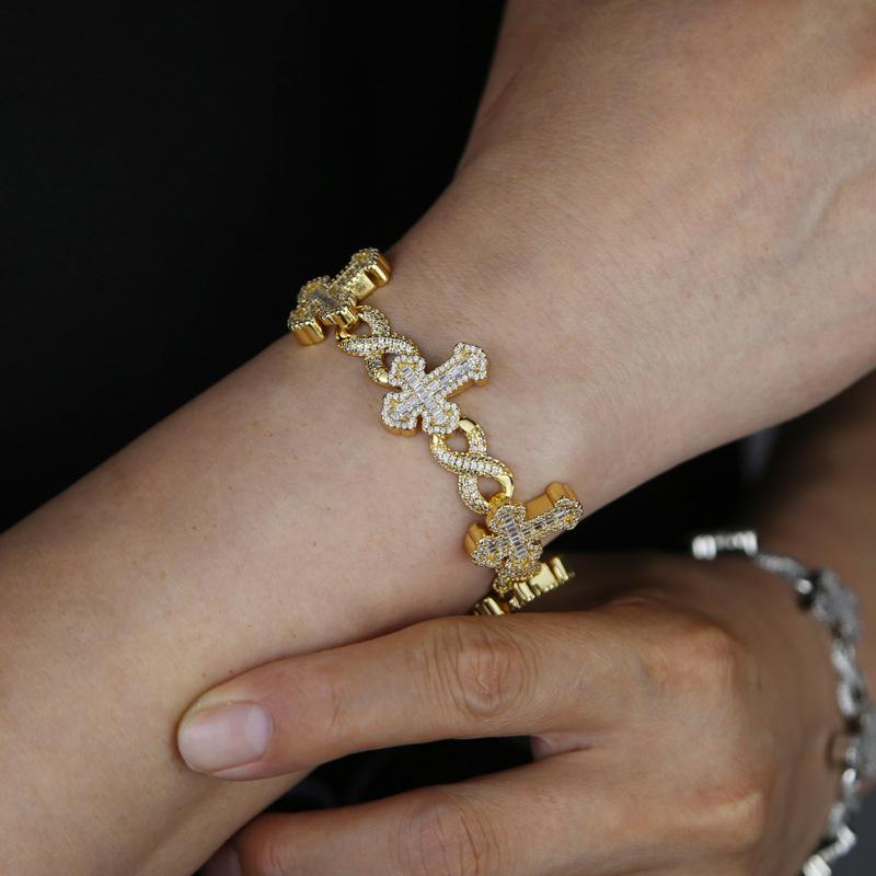 [ICE HUE]18K Gold Vacuum Plated Copper with 5A+ Sri Lanka Zircon Eyes&Cross Bracelet Miami Italy Mexico & Micro Inspired for Women & Men Luxury Jewelry,Daily Wear,Casual Fashion,Gift Idea,Chicano,Classic,Hip Hop,Simple,Sporty Style