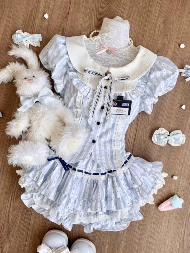 New Preppy Style Sweet Kawaii Blue Lovable Short Skirt Suit Fashion Pretty Slim Long Sleeve Doll Collar Striped Bow 2-piece Set