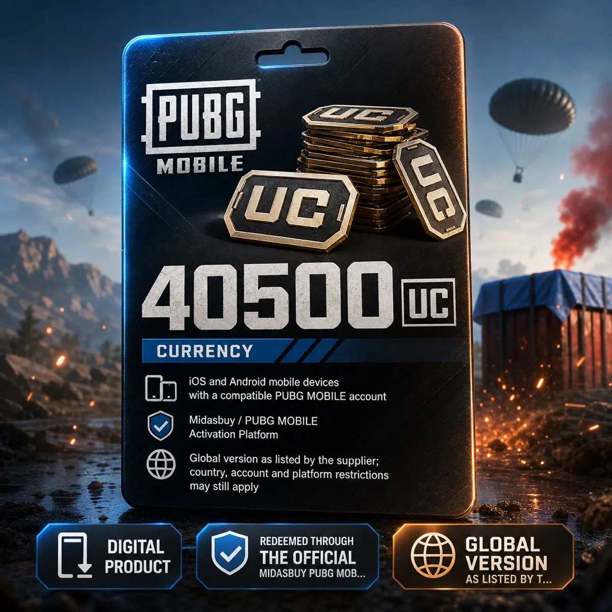 PUBG MOBILE 40500 UC Digital Code, Currency, iOS and Android mobile devices with a compatible PUBG MOBILE account, Midasbuy / PUBG MOBILE, Global version as listed by the supplier