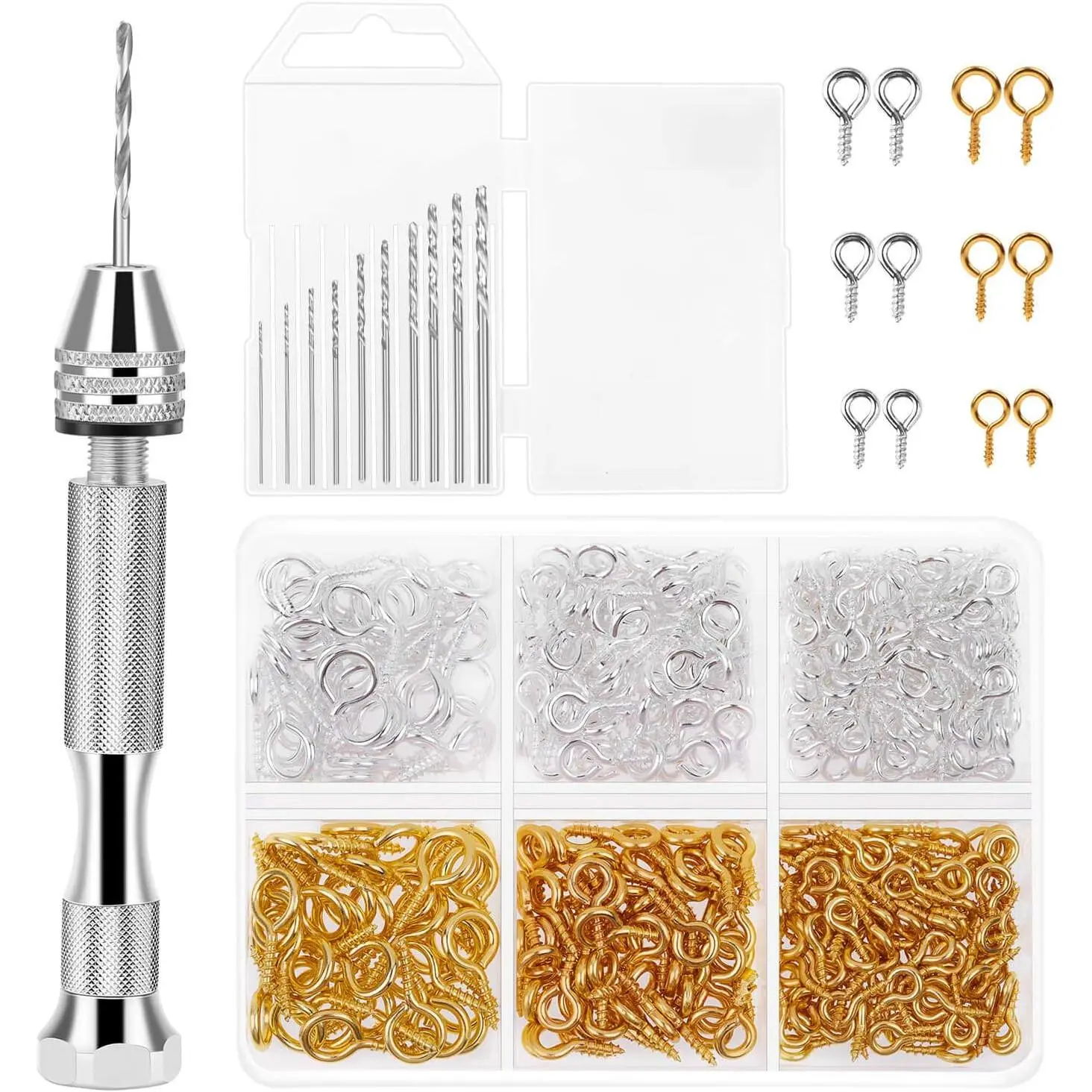 Pin Vise for  Casting Molds,  Hand Drill for  Making  Tools Includes 1 count Push Hand Drill 10 count Drill Bits 480 count Eye Screws for DIY  (+)