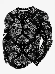 Men's Breathable Loose Long Sleeve T-Shirt, Vintage Ethnic Print, Outdoor Hiking Fishing, Geometric Pattern, Comfortable Fabric