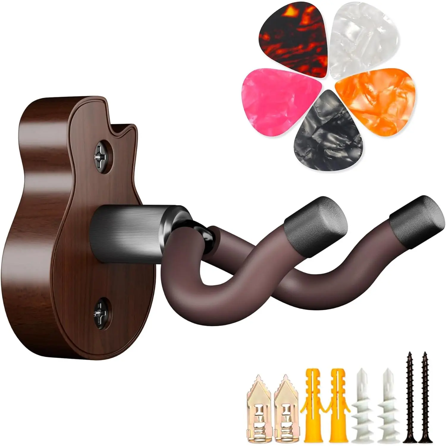 Guitar Wall Mount - U-Shape Guitar Wall Hangers, Guitar Accessories with 5 Guitar Picks, Guitar Wall Mount Hanger for Acoustic Guitar, Electric Guitar, Banjo, Bass, Mandolin (Style B-Walnut)