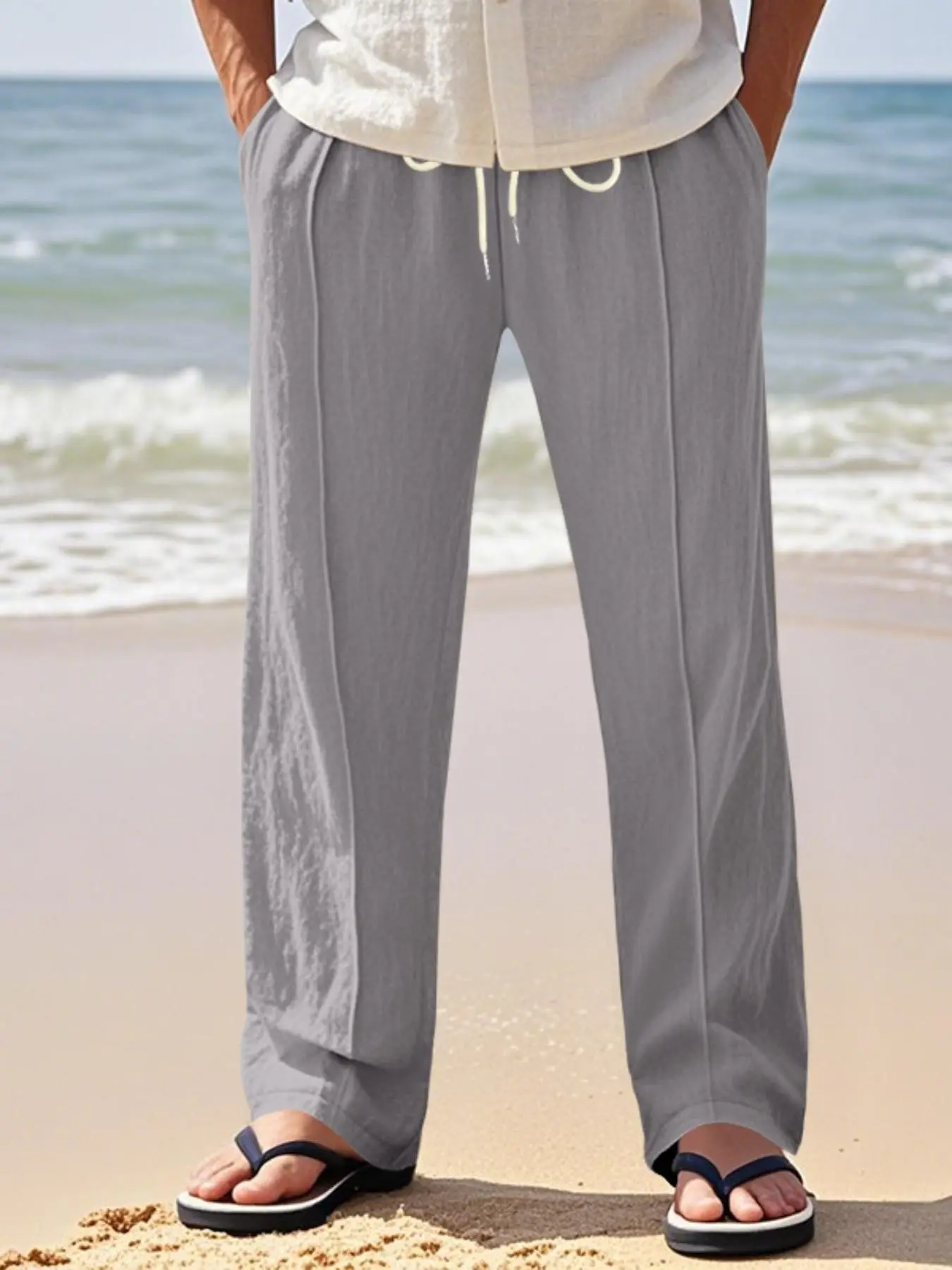 Men's Linen Drawstring Loose Fit Casual Pants, Breathable High Waist, Hidden Pockets, Ideal for Daily Wear, Summer Comfort