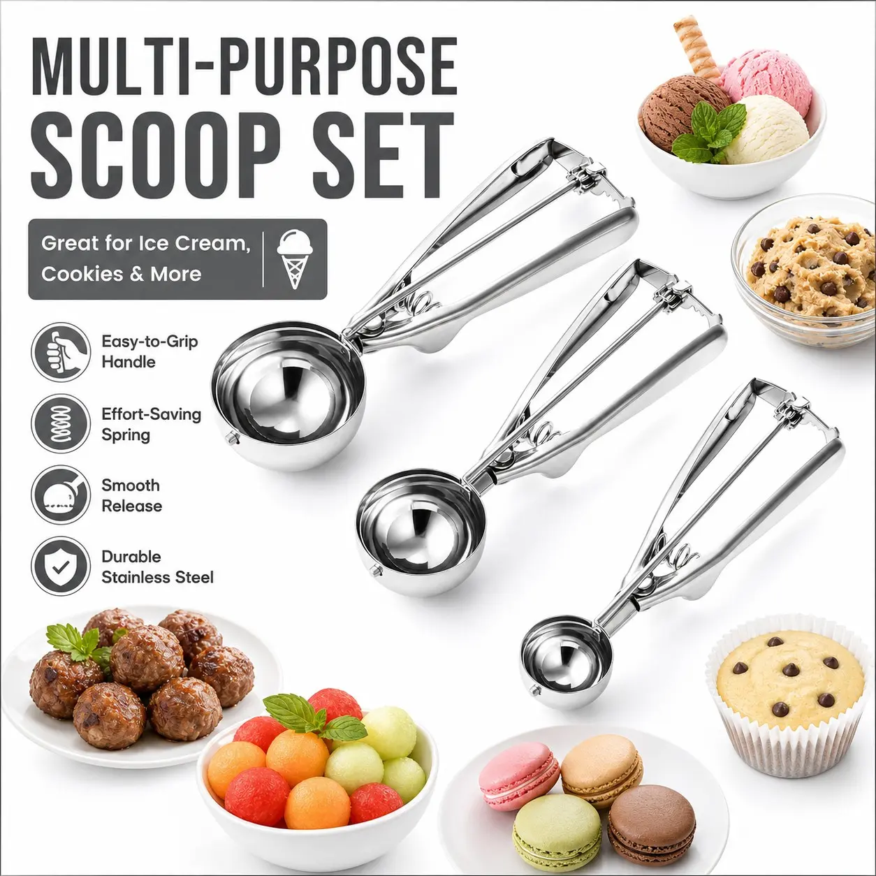 Multi-Functional Stainless Steel Ice Cream Scoop, Ice Cream Ball Spoon, Ice Cream Spoons, Cookie Spoon, Dough Spoon, Kitchen Utensils, Ideal for Cupcakes, Ice Cream, Macarons, Rice Dumplings, Watermelon Balls, Desserts