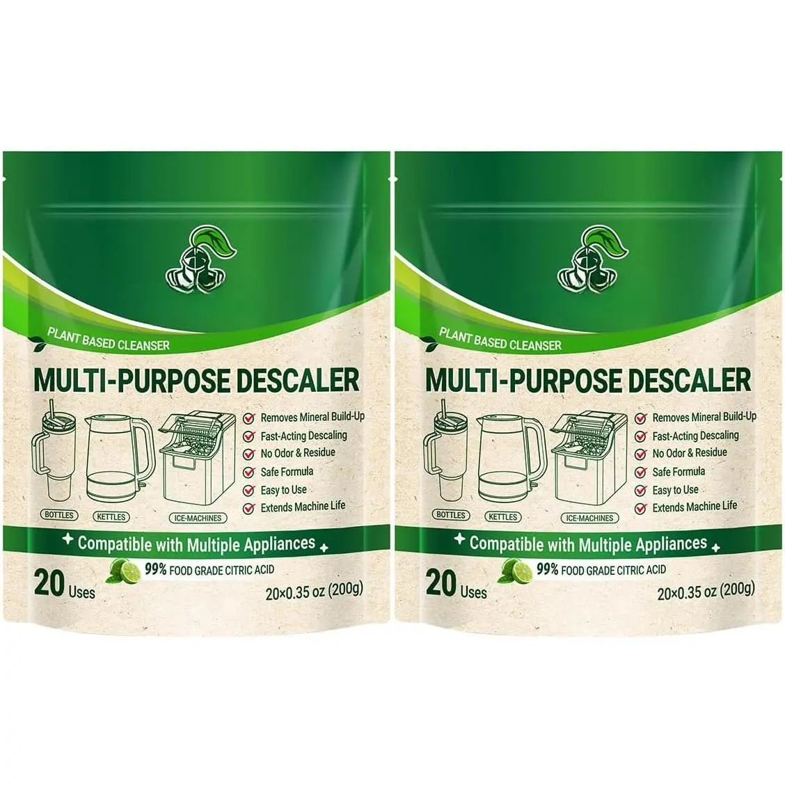 Multi-Purpose Descaler & Cleaner  Packets (40 Uses, 2-Pack) | Descaling Solution for , Coffee Machine, Ice Maker & Kettle | Citric Acid Limescale Remover | 20×0.35 oz