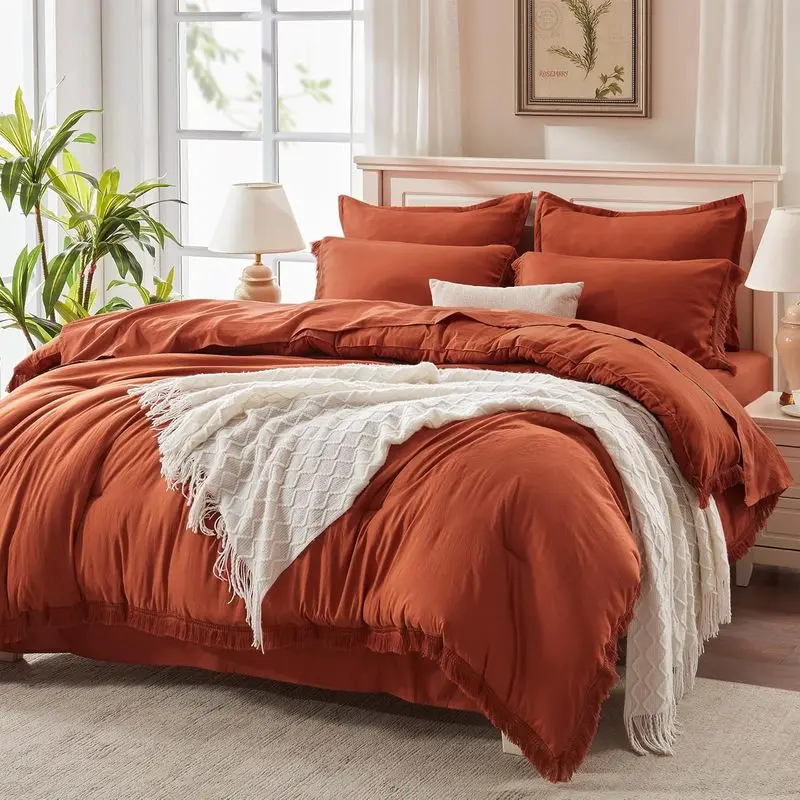 Oversized King Comforter Set 7 Piece Boho Bedding Set Burnt Orange Bed in a Bag Soft Lightweight Fringe Comforter Set with Sheets Pillowcases