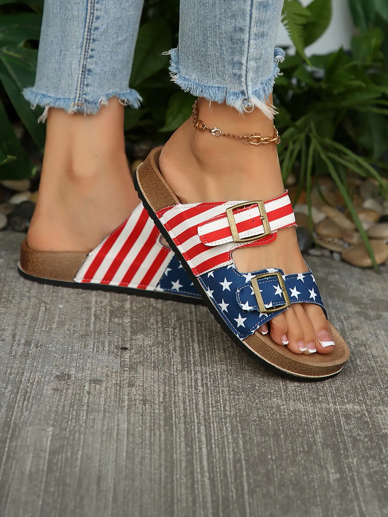American Flag Print Double Buckle Fashionable Slide Sandals, Open Toe Flat Casual Cork Footbed Slides, Non Slip Summer Outdoor Women's Shoes for 4th of July