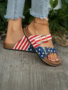 American Flag Print Double Buckle Fashionable Slide Sandals, Open Toe Flat Casual Cork Footbed Slides, Non Slip Summer Outdoor Women's Shoes for 4th of July
