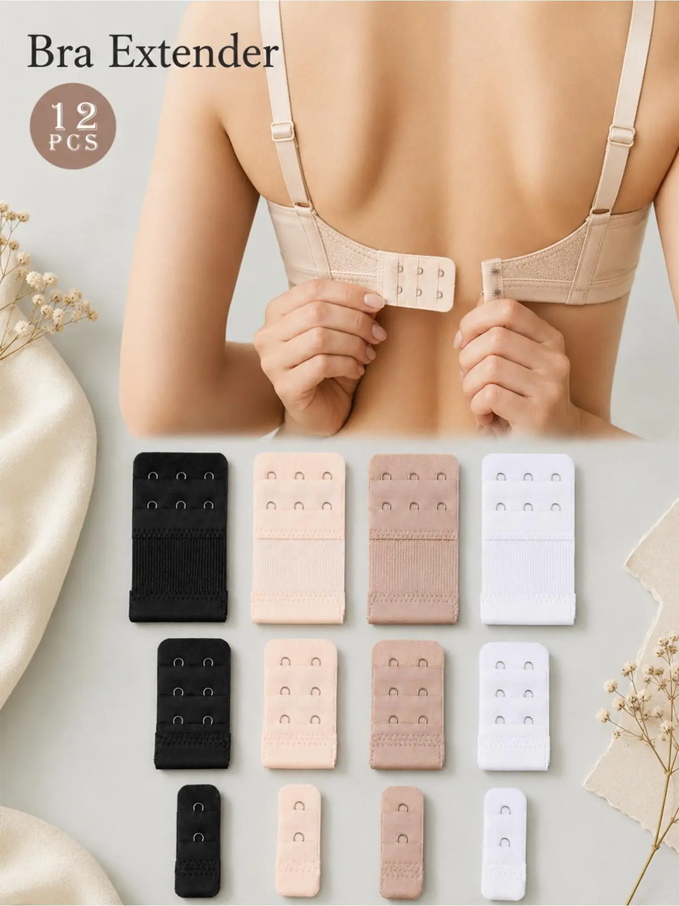 12 Pack Elastic Bra Extenders Set, Multi‑Size Hook Eye Bra Extension Strap, Soft Comfortable Underwear Back Extender for Women Daily Lingerie Use, Bra Accessories