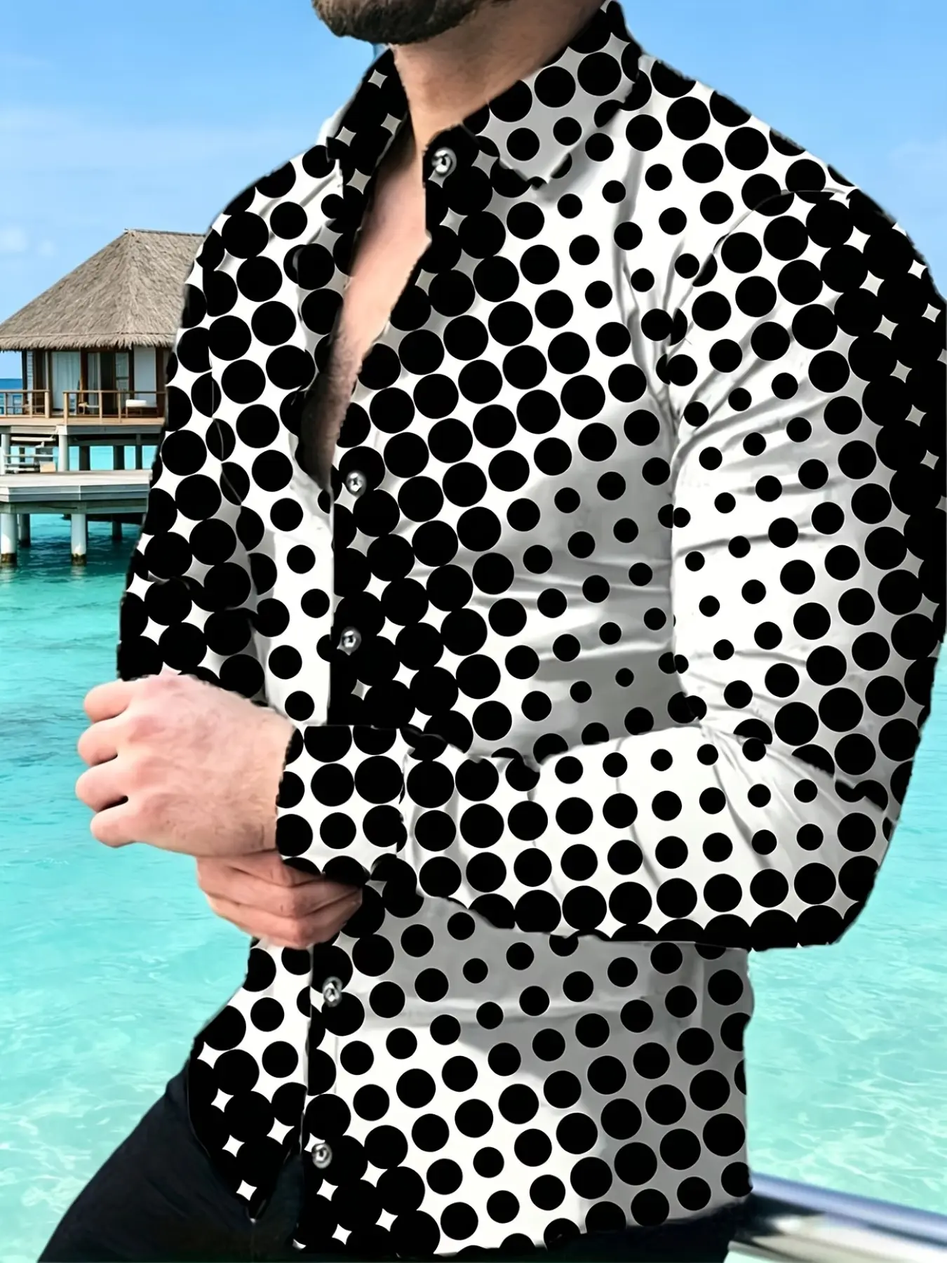 Men's classic black and white polka dot long-sleeve collared shirt, simple all-over dot slim-fit shirt, vintage versatile daily men's long-sleeve top