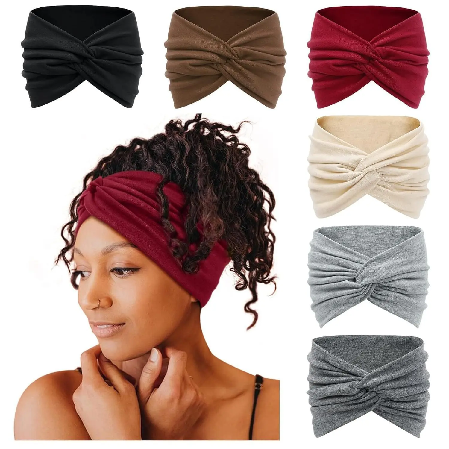 6 Pack Solid Headbands for Women Wide Elastic Hair Bands Multi Color Turban Soft Stretchy Twisted Knot Headwrap Non Slip Makeup Wash Face Yoga Sports Sweatband Hair Accessories