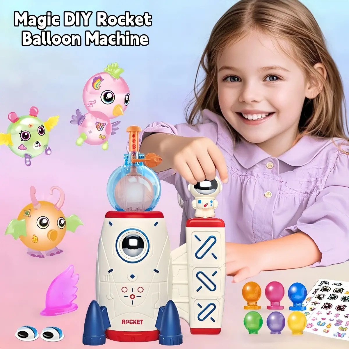 Magic Balloon Sticker Toy Set, Space Rocket Decoration Balloon Toy, Creative DIY Craft Kit, 60 Balloons, 134 Accessories, Party Gift for Kids